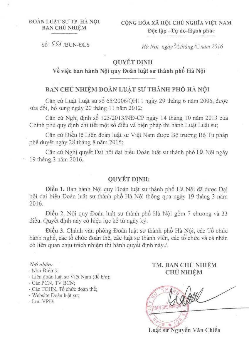 Quyết định 551/BCN-ĐLS về việc ban hành Nội quy Đoàn luật sư thành phố Hà Nội Quyết định ban hành nội quy Đoàn luật sư thành phố Hà Nội